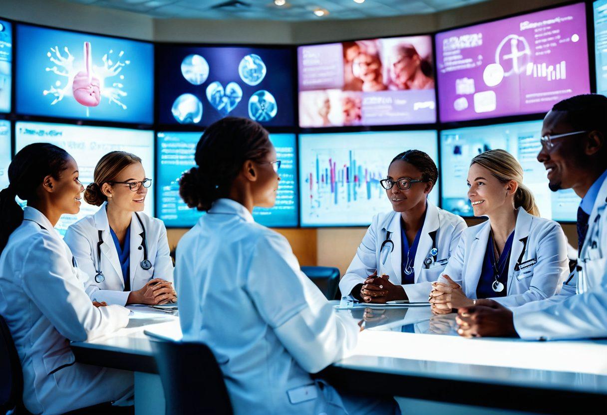 A dynamic composition illustrating a diverse group of healthcare professionals collaboratively discussing cutting-edge cancer treatment technologies and heartfelt advocacy. Background shows a bright, modern hospital environment with digital screens displaying breakthroughs in research. Include patients of various backgrounds joyfully interacting with doctors, symbolizing hope and empowerment. Soft lighting to reflect warmth and positivity. super-realistic. vibrant colors. soft focus.