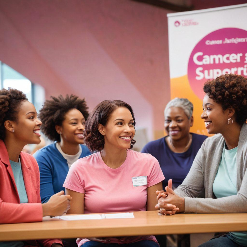 A diverse group of passionate individuals gathering in a warm, welcoming community center, engaging in educational workshops on cancer advocacy. Display a large informational banner about cancer support in the background and close-ups of people sharing stories and resources. Bright colors to symbolize hope and empowerment, with soft lighting to create an inviting atmosphere. super-realistic. vibrant colors. warm tones.