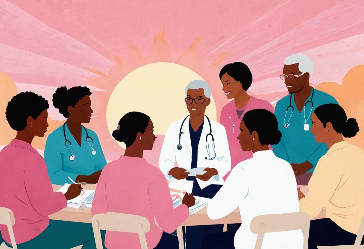 An illustration depicting a diverse group of individuals engaged in supportive discussions about cancer care, with symbols of hope, such as a pink ribbon and a sunrise in the background. Include medical professionals offering resources and information, emphasizing community and resilience. The setting should radiate warmth and encouragement, with soft colors to evoke a sense of calm. Painting. vibrant colors. uplifting atmosphere.